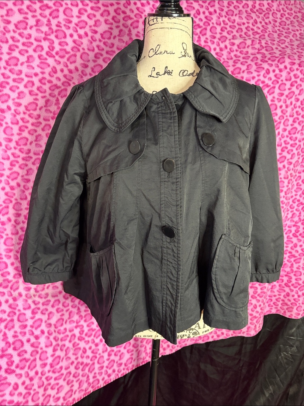 Vintage Vertigo Paris Black Swing Jacket Cropped Trench Style Retro Chic Sz XL